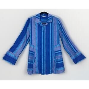 Habitat Small Blue Tapestry Peruvian Stripe Pocket Shirt Collar Shacket Sleeves